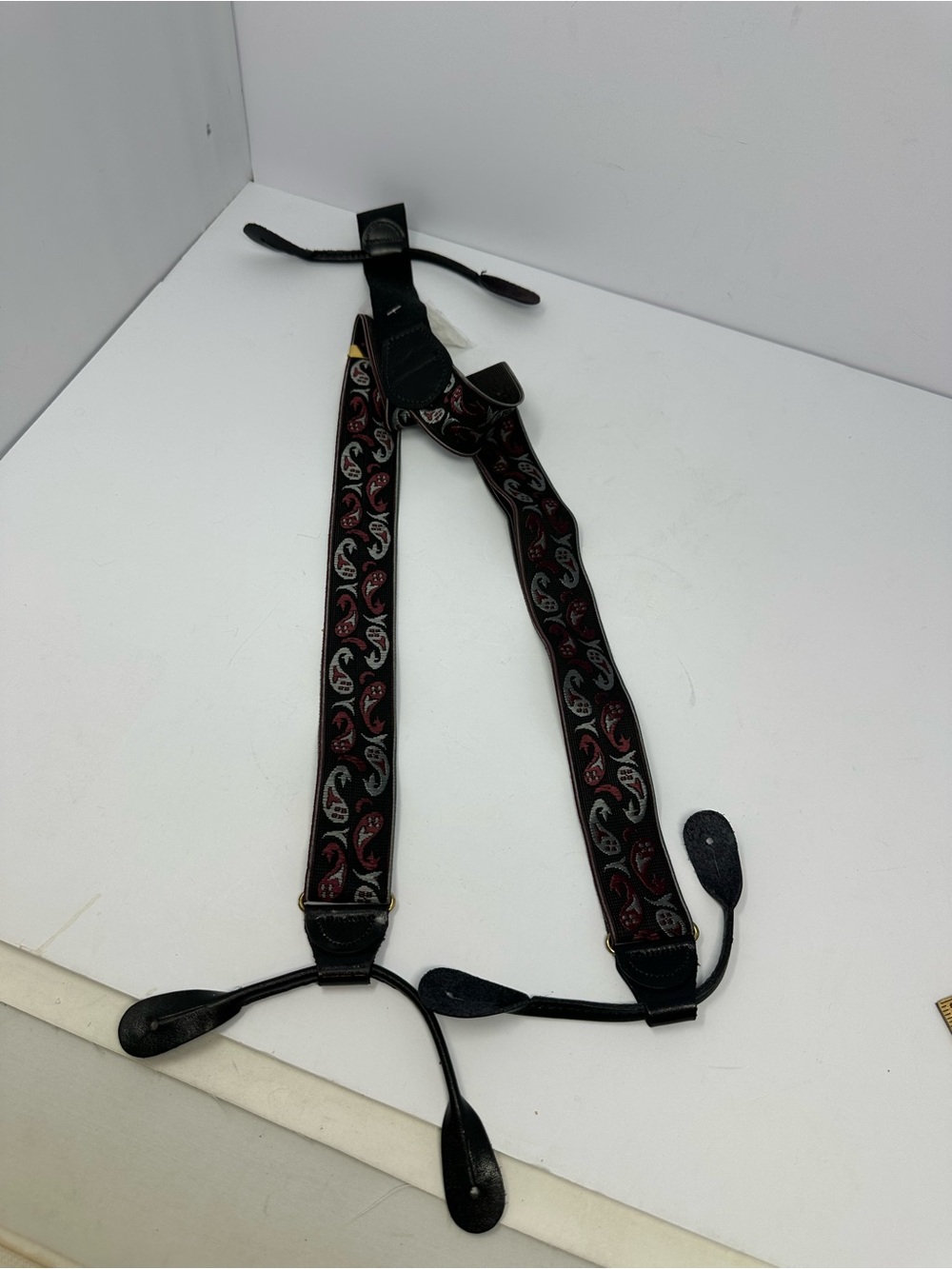 Vintage Suspenders Leather Trim Black Purple Gray Paisley Button On Adjustable